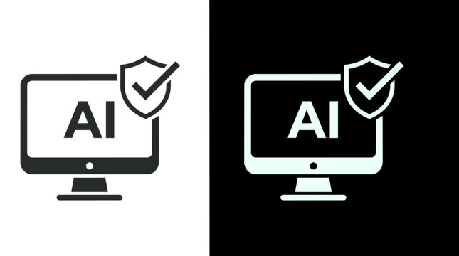 A graphic illustration of two computer monitors with AI and shield icons, one in black and white on a white background and the other in white on a black background, symbolizing