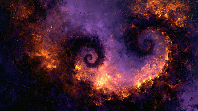 Abstract fire swirl in purple darkness and golden glow, dark spiral vortex with glowing smoke and dramatic texture