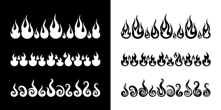 Flames in Two Distinct Styles on Black and White Backgrounds with Text in a Script Font Featuring Fire, Design, Illustration