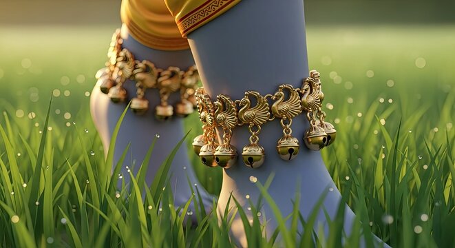 Ornate golden anklets with peacock charms and bells on blue skin walking through lush green grass under dramatic atmospheric lighting