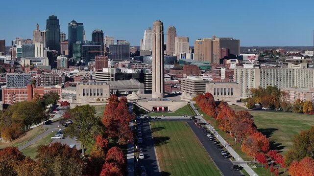 Aerial view of the World War I Memorial Plaza in Kansas City, USA.