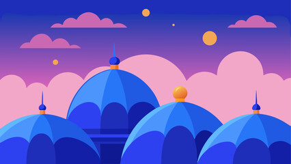 Islamic domes, mosque architecture, blue domes, vector illustration, night sky © ruposhi
