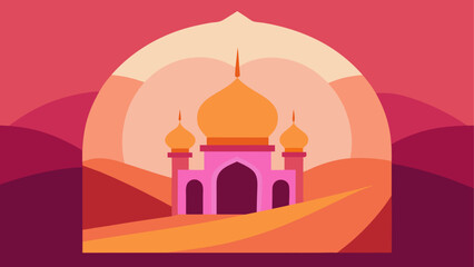 Islamic architecture, mosque illustration, desert landscape, golden domes © ruposhi