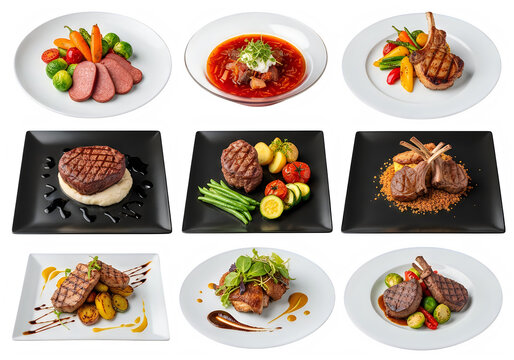 Collection of delicious gourmet meat dishes with grilled steak lamb chops and roasted vegetables served on elegant plates