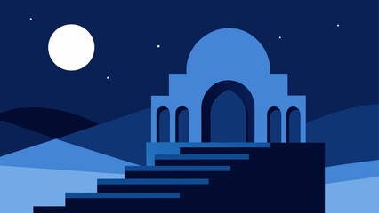 Moonlit Temple, Nighttime Landscape, Blue Vector Illustration, Ancient Architecture © ruposhi