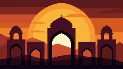 Islamic Architecture, Mosque Silhouette, Sunset Landscape, Vector Illustration, Orange Background © ruposhi