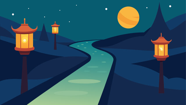 Asian landscape, night scenery, lanterns, river, mountains, moonlight