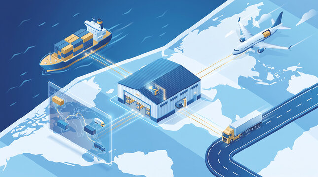 Global supply chain and logistics with various modes of transport.