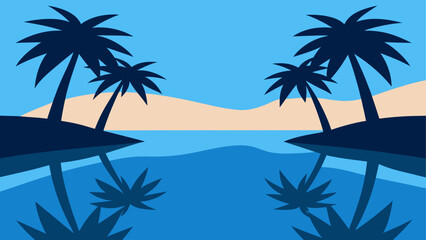 Tropical island, palm trees, blue ocean, beach landscape, vector illustration © ruposhi