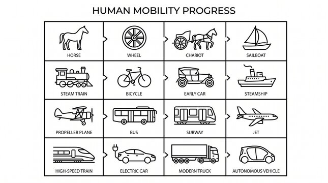 A dynamic transportation evolution diagram, symbolizing human mobility, innovation, and progress, capturing the essence of travel from animal‑powered vehicles to modern mechanized and high‑speed syste