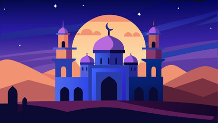 Islamic architecture, mosque illustration, desert landscape, purple hues, vector graphic © ruposhi