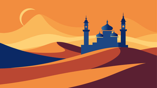 Desert landscape, mosque silhouette, orange sunset, abstract hills