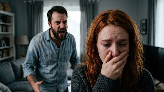 Distraught red haired woman crying and covering mouth in fear as angry bearded man shouts aggressively behind her in dimly lit living room domestic conflict concept