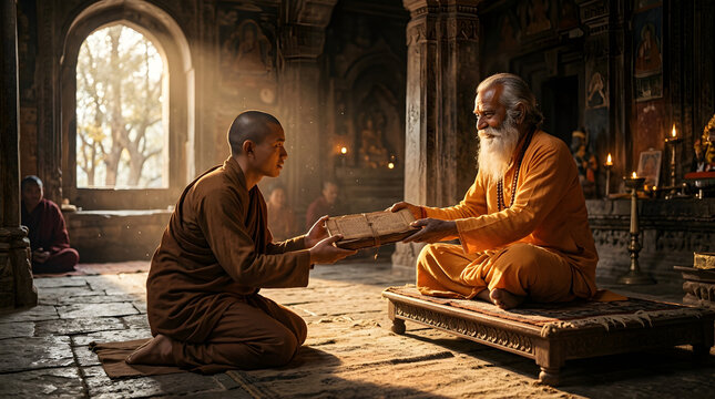 Guru Purnima celebration featuring guru presenting sacred manuscript to young disciple inside ancient temple, symbolizing spiritual education, Vedic wisdom, Hindu heritage, festival greeting design.