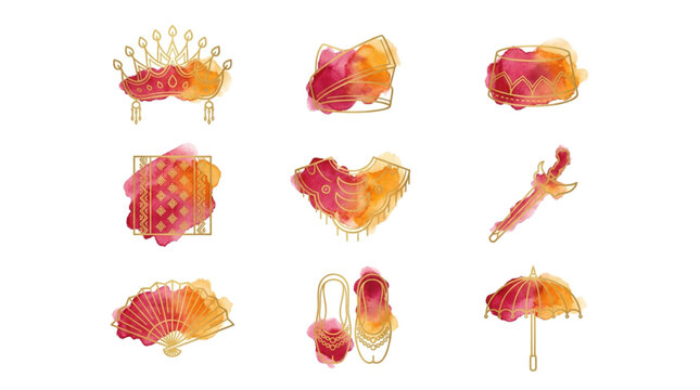 Sumatran Traditional Attire and Suntiang Headdress Icon Set Vector