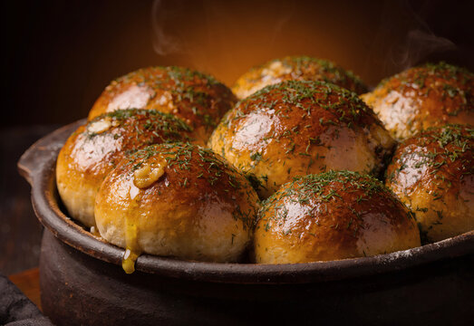Freshly baked traditional Ukrainian pampushky garlic bread buns glazed with oil and chopped dill steaming in a rustic clay pot.