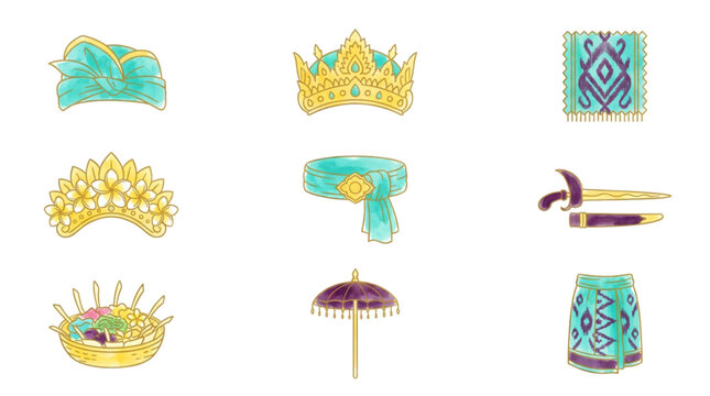 Balinese and Nusa Tenggara Traditional Attire Icon Set Vector