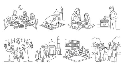 Obraz premium Ramadan kareem illustrations set with mosque and people breaking fast