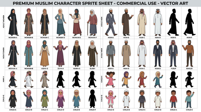 Premium muslim character sprite sheet for commercial use vector art