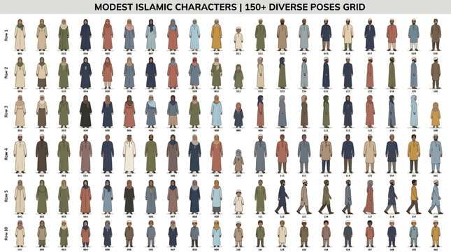 Diverse modest islamic characters in various poses grid illustration
