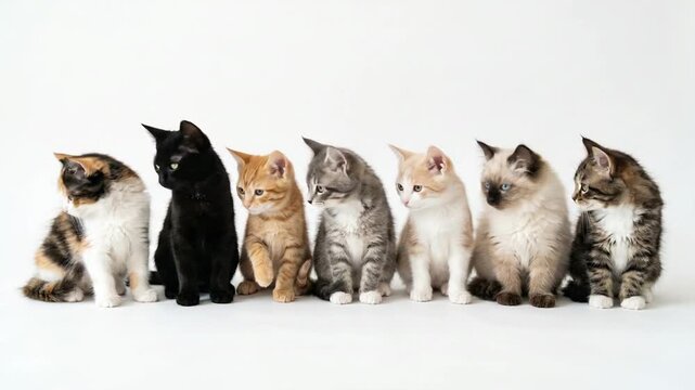 Seven diverse kittens sit in a row against a plain white background