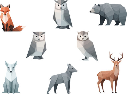 Geometric Forest Animals on White Background