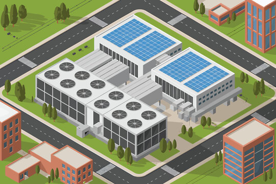Data Center with Solar Panels on Roof in Isometric View