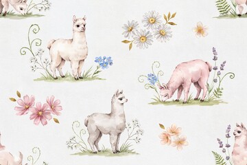 Fototapeta premium Watercolor pattern featuring cute white llamas standing and grazing in a field with daisies, lavender, cosmos flowers, and green grass