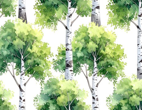 Watercolor birch trees seamless pattern with green foliage on white background