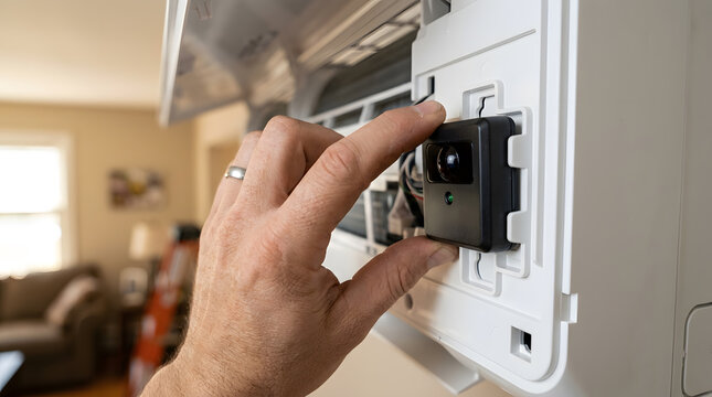 installing smart sensor in air conditioner | technician repairing hvac mini split unit | hand adjusting remote receiver module | professional indoor cooling maintenance service