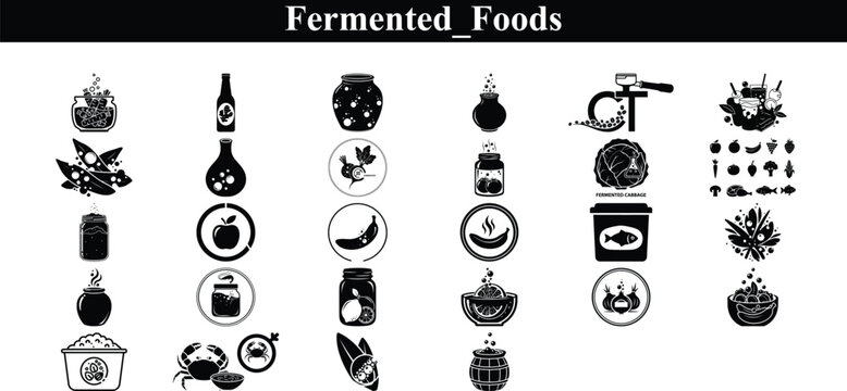 Fermented Foods Icon Bundle - Kimchi, Pickles, Kombucha, Probiotic Solid Vector Set