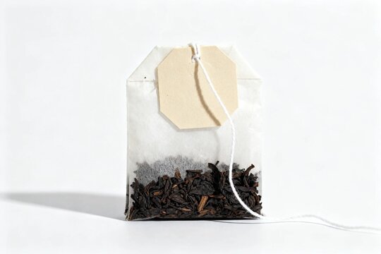 Tea bag with loose leaves on white background