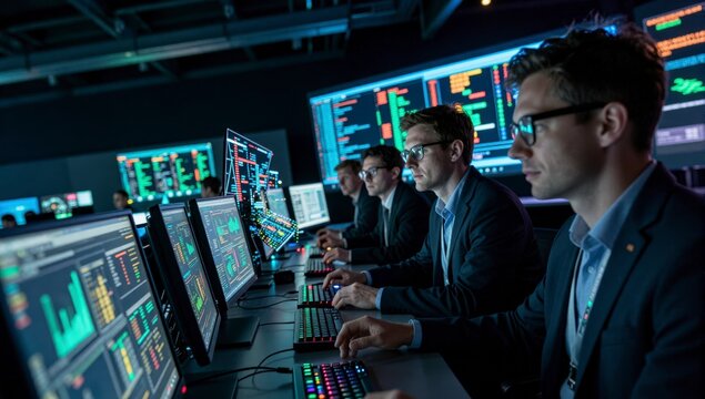 Professional team working in a high tech security operations center with glowing digital monitors