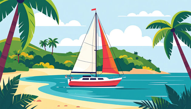 Red and white sailboat on water.
