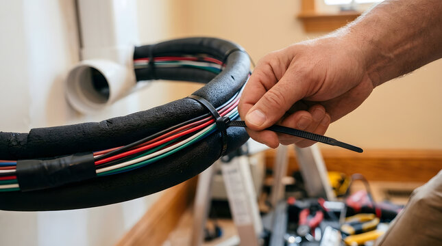 technician securing HVAC lines with zip tie | electrical wire management and insulation | professional air conditioning installation process | bundle of wires with cable ties