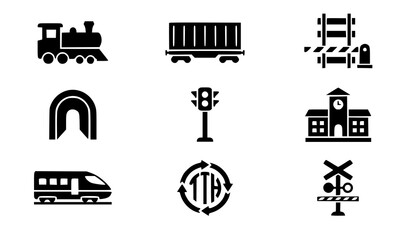 Train Railway Infrastructure Black Silhouette Icons Vector Transport Collection © Sifat