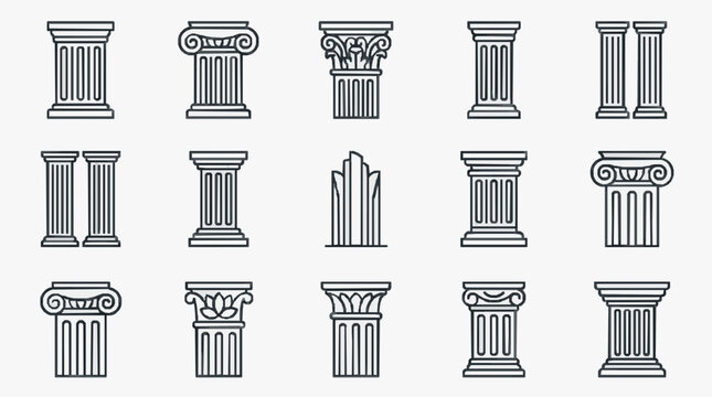 Industrial Black and White Line Art Collection of Various Classic Architectural Columns and Pillars