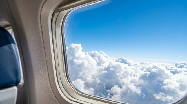 View of clouds and blue sky through airplane window