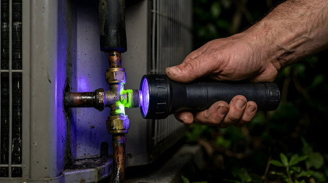 HVAC technician using UV light to find refrigerant leak | AC repairman checking for freon leaks with ultraviolet dye | ultraviolet flashlight detecting fluorescent dye on outdoor AC unit