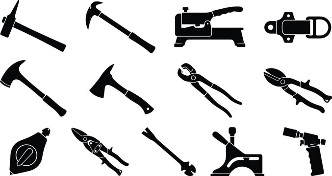 Professional Roofing and Siding Installation Tool Silhouette Icon Set Featuring Roofing Hammers Hatchets Slate Cutter Chalk Line Snips Pry Bar Safety Anchor and Propane Blowtorch Isolated on White