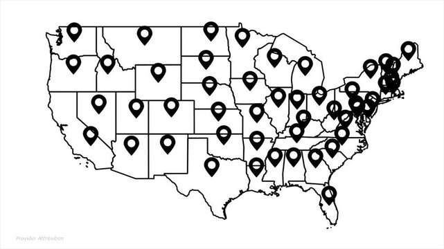 Minimalist USA map animation featuring multiple black location pin markers popping up across the United States on a white background