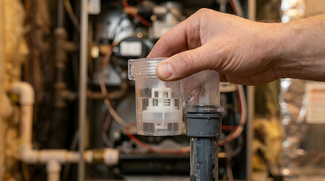 furnace condensate trap maintenance | HVAC technician inspecting heating system | clearing clogged boiler drain trap | residential furnace repair service