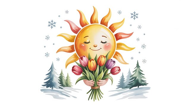 Happy sun character holding colorful tulip bouquet surrounded by winter trees and falling snowflakes
