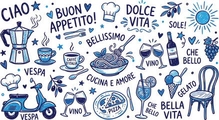 Italian food and drink icons with vespa and cheerful phrases ©  EngrMithun