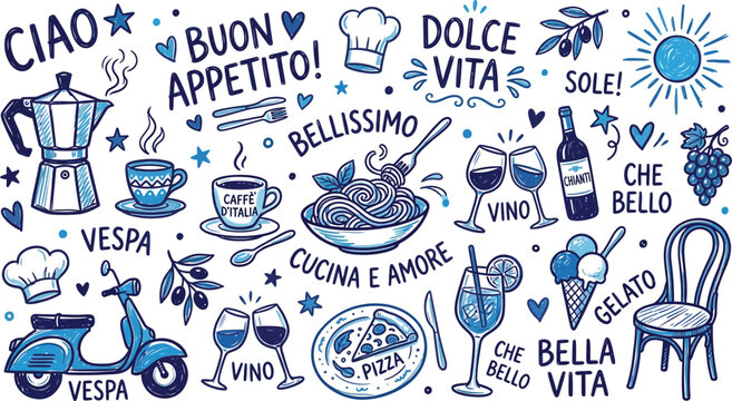 Italian food and drink icons with vespa and cheerful phrases