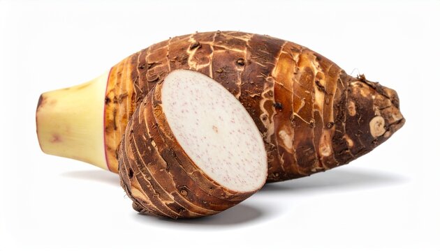Whole and sliced taro root isolated on white background