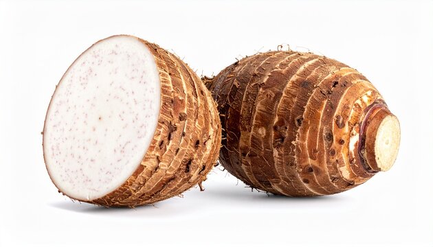 Fresh taro root and a half slice isolated on white background