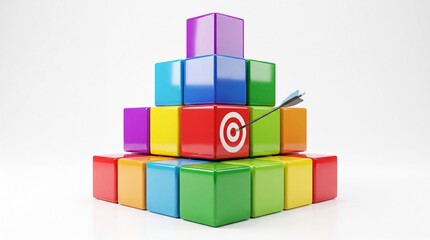 Fototapeta premium 3D Colorful Cubes Pyramid with Arrow Hitting Red Target Center