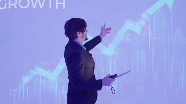 Professional business presentation showcasing growth strategies using detailed graphs and charts in a contemporary conference environment
