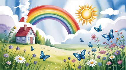 Obraz premium Idyllic natural landscape showing a cheerful house, colorful rainbow, bright sun, and blue butterflies fluttering freely